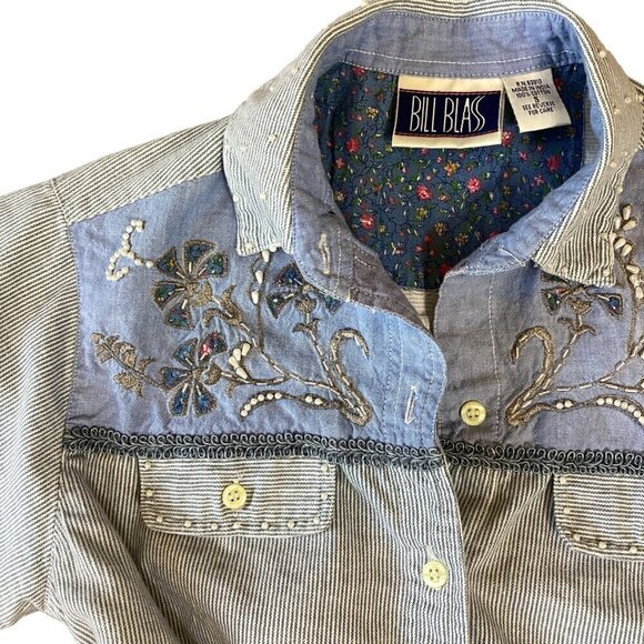 Vintage Bill Blass Button-Up Top Beaded Embroidered Striped Cotton S Blues 291B - Picture 6 of 9